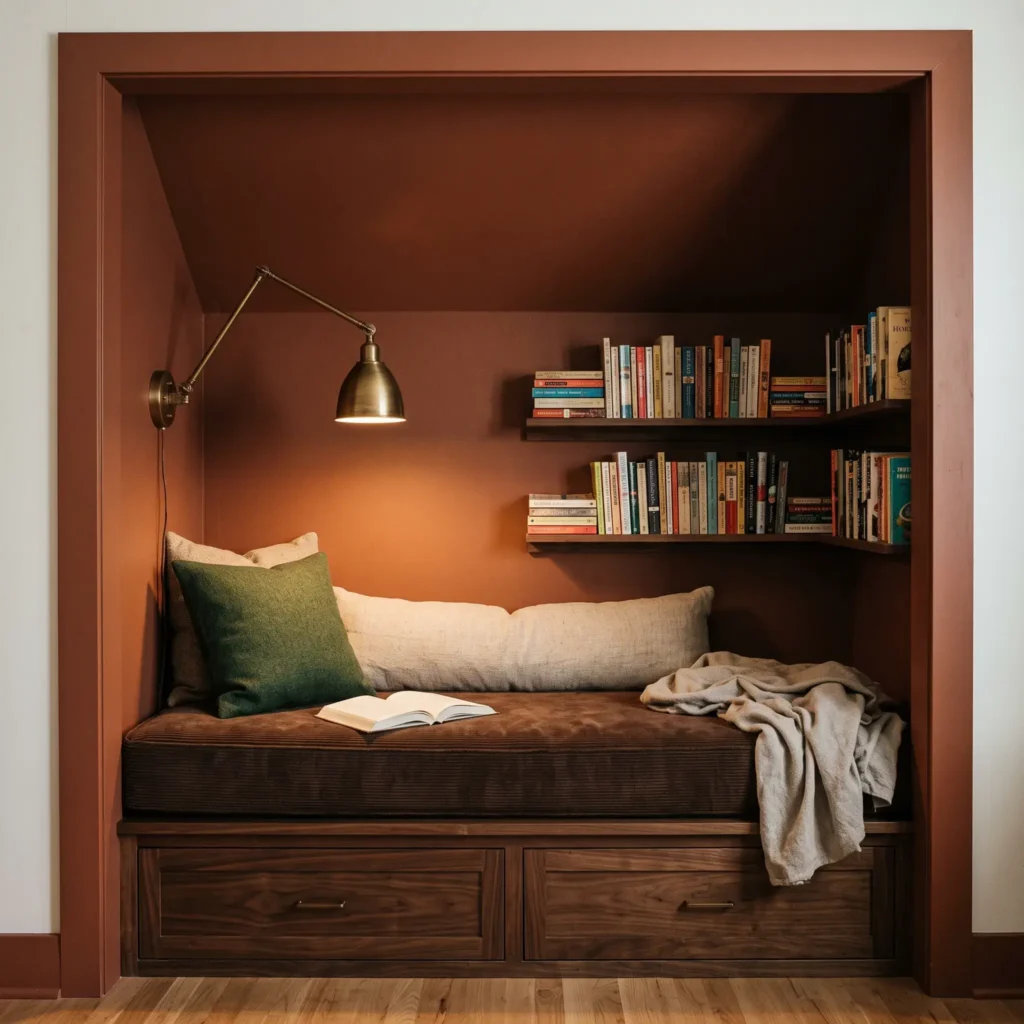 Converted bedroom closet reading alcove painted warm terracotta with a corduroy seat pad and brass task sconce.