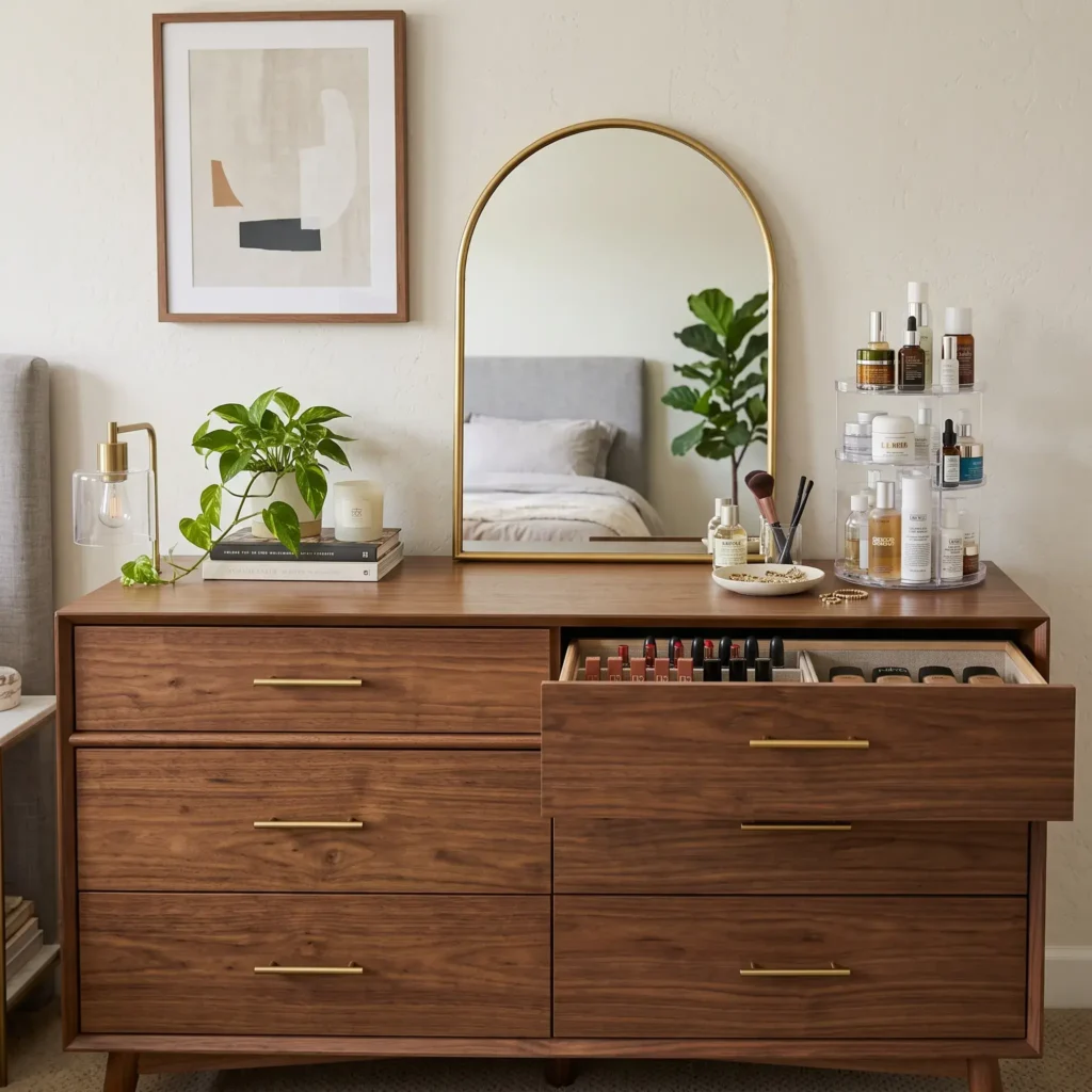 Top of a wooden bedroom dresser styled as a makeup vanity with an arched mirror and rotating cosmetic organizer.