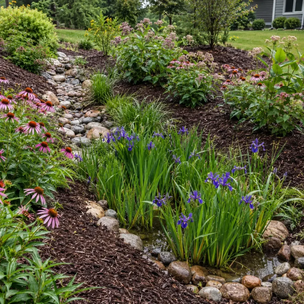 Engineered backyard rain garden with native sedges, irises, and river rock drainage swale.