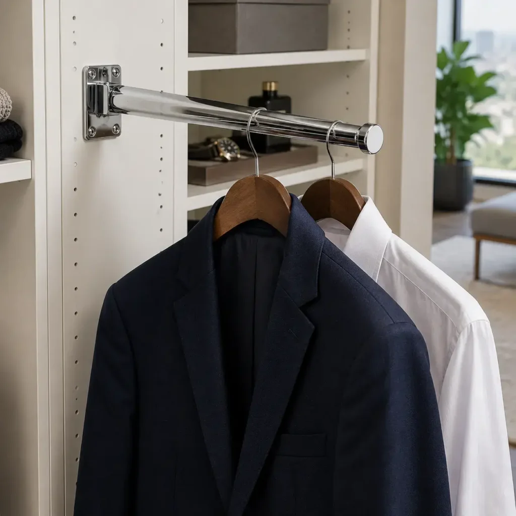 Polished chrome pull out valet rod extended from a closet partition holding a suit blazer.