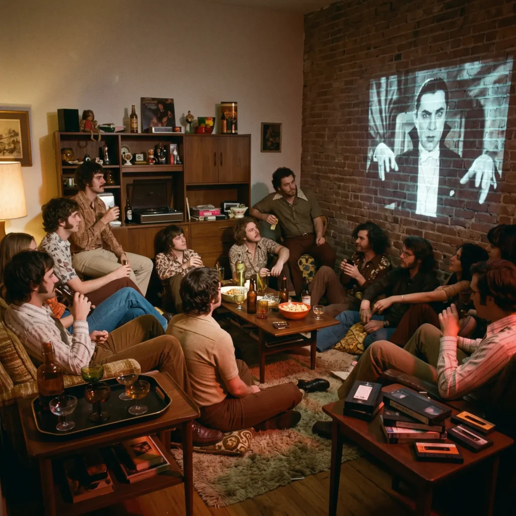 Dimly lit living room featuring a silent vintage movie projection and red mood lighting for Halloween.