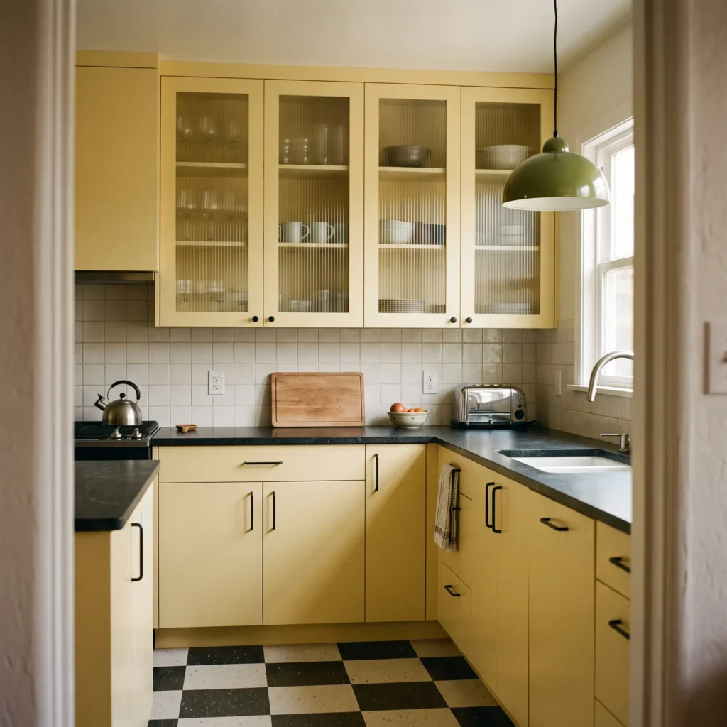 Mid-century style butter yellow kitchen cabinets with vertical reeded glass doors and matte black hardware.