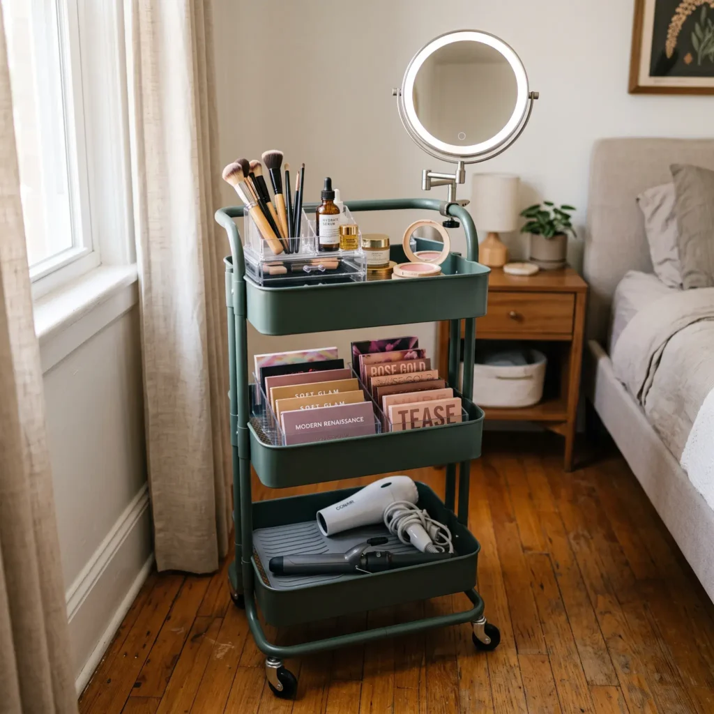 Three-tier metal utility cart organized with makeup palettes, brushes, and a clamped vanity mirror in a small bedroom.
