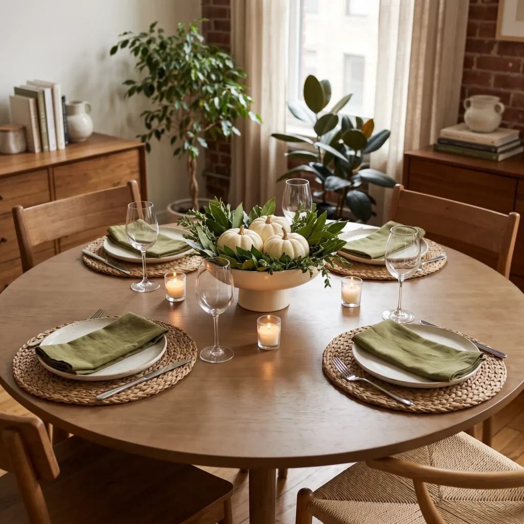 Round dining table set for Thanksgiving with compact center arrangement of mini pumpkins, low votives, and olive napkins.