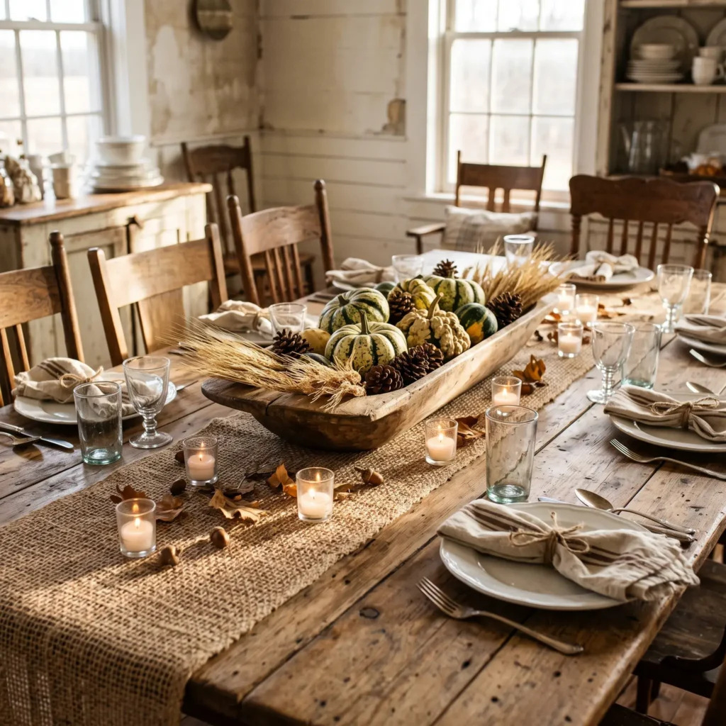 Rustic farmhouse Thanksgiving table with antique wooden dough bowl, heirloom gourds, white ironstone plates, and striped napkins.