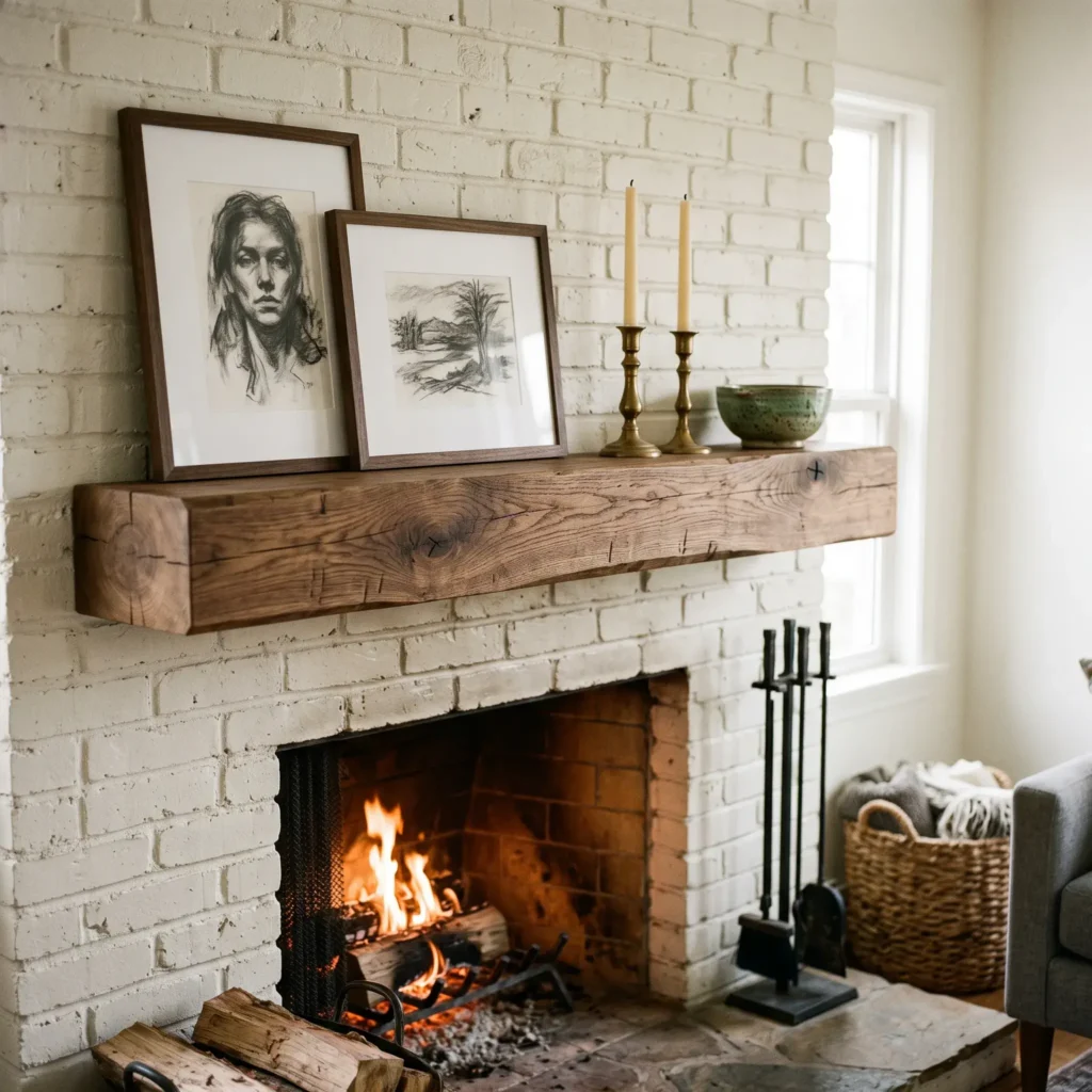 Thick rustic timber floating mantel installed above a brick fireplace holding framed art prints and brass candleholders.