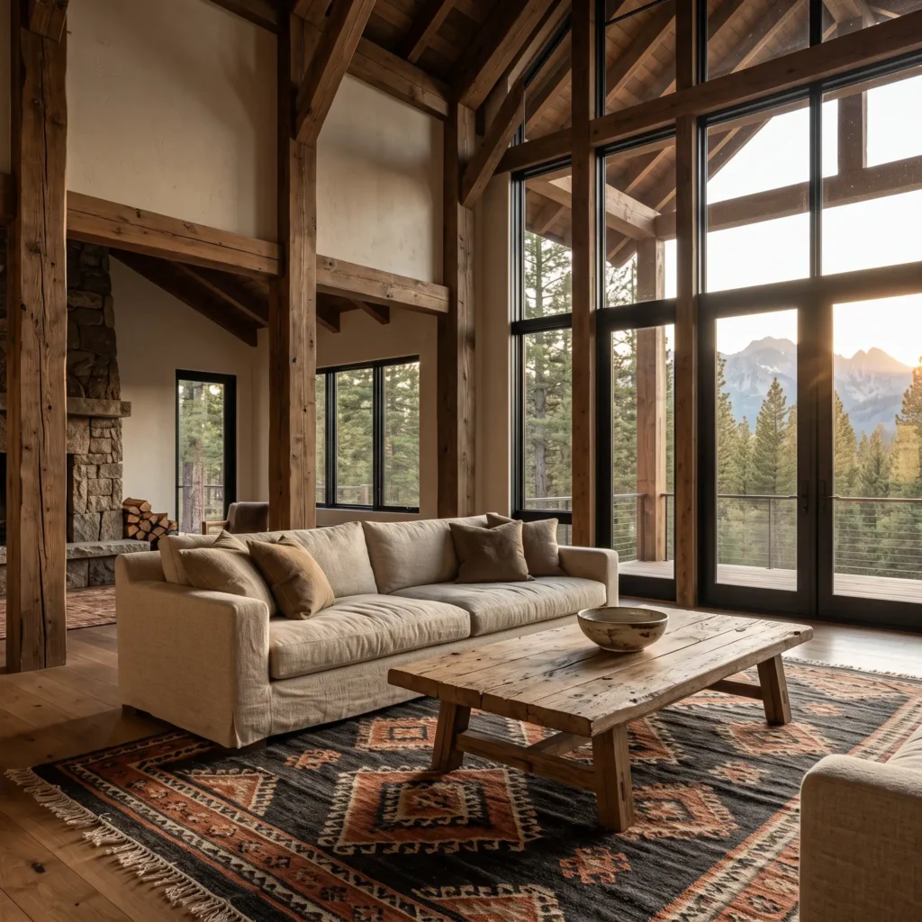 Rustic modern living room with an oatmeal linen sofa, Southwestern wool area rug, and rough-sawn oak cocktail table.