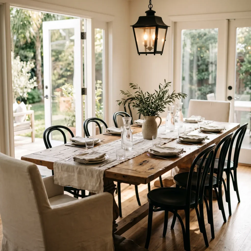 Gathering dining room with rustic wood dining table, slipcovered armchairs, and iron hanging lantern.