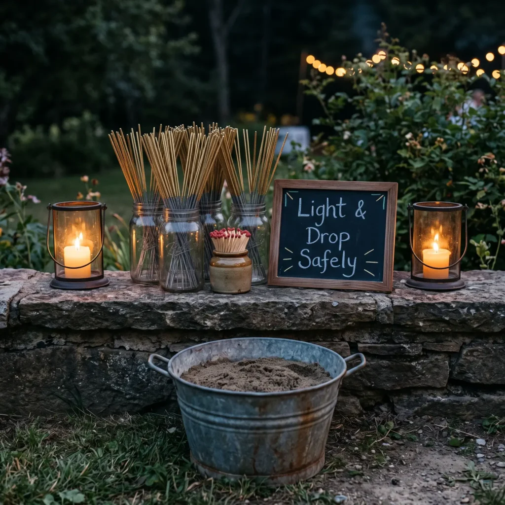 Wooden outdoor table display with jars of sparklers, long matches, and metal water quench buckets.