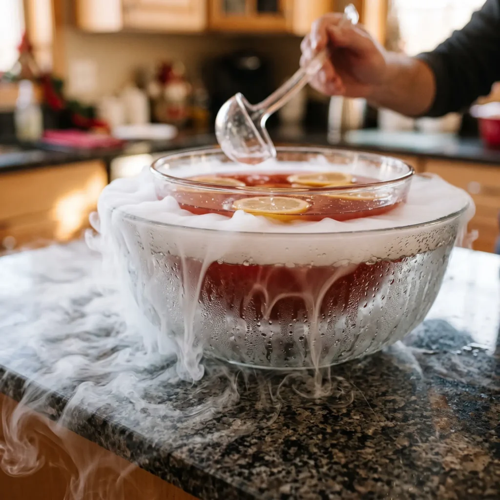 Safe double bowl punch display with thick dry ice fog rolling over the outer rim