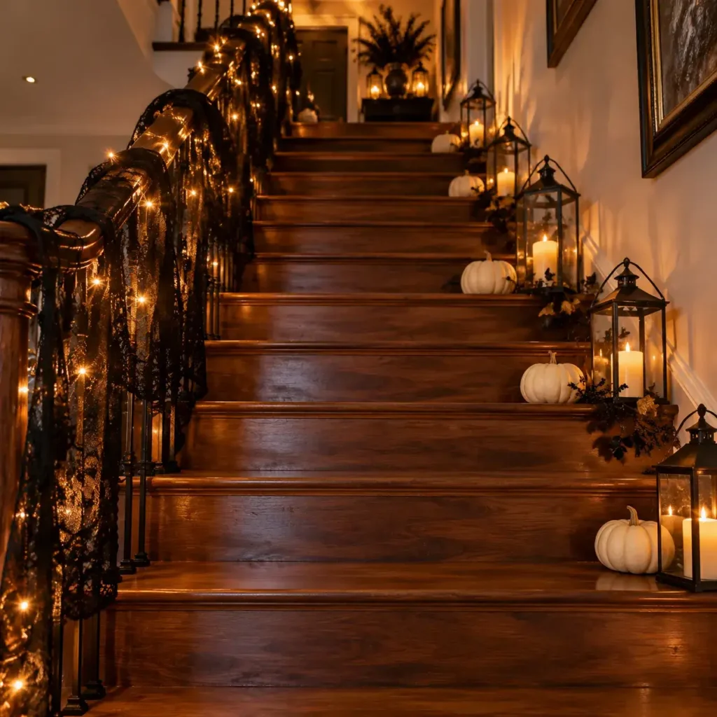 Elegant home staircase decorated with black lace draped along the handrail and small lanterns on tread edges.