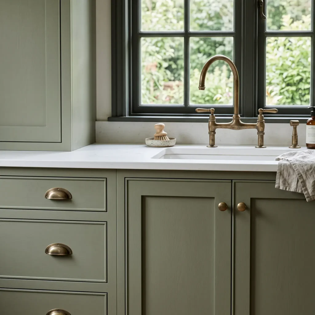 Sage green kitchen base cabinets paired with unlacquered brass hardware and a bridge faucet.