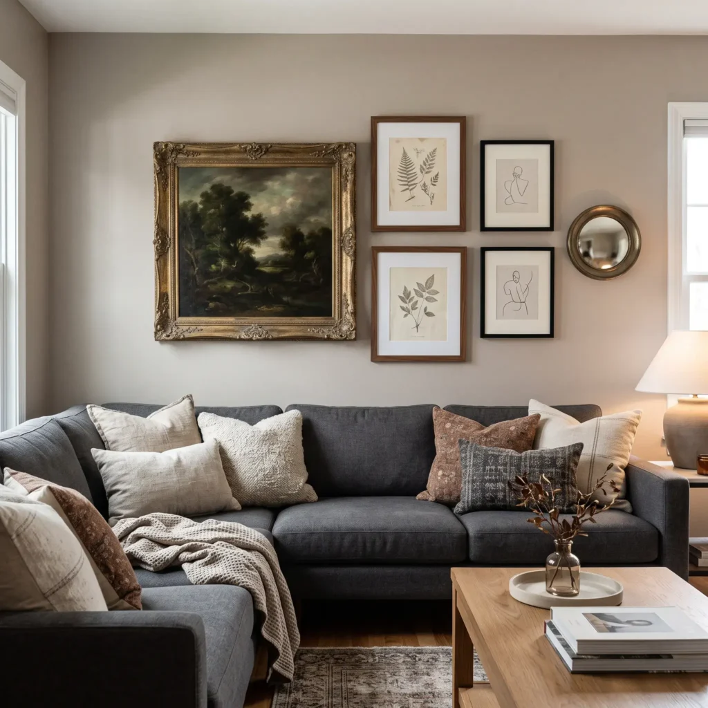 Salon style gallery wall mixing antique gold and dark wood frames above a sectional couch.