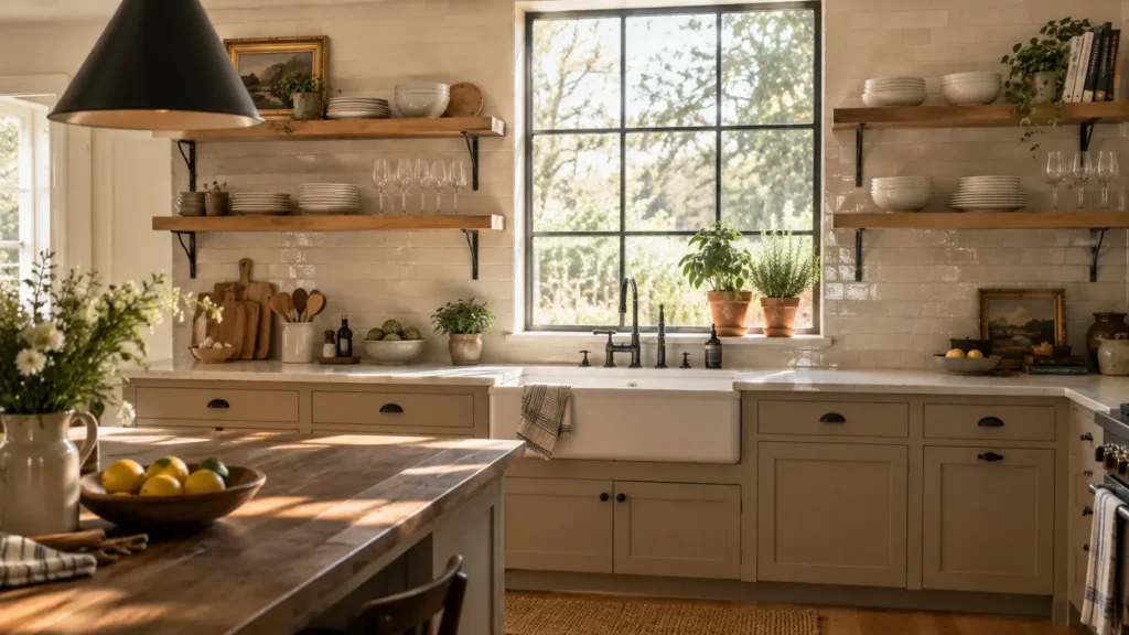 Warm tan lower kitchen cabinets with thick oak open shelving holding stacked white dinner plates against a glazed brick wall.