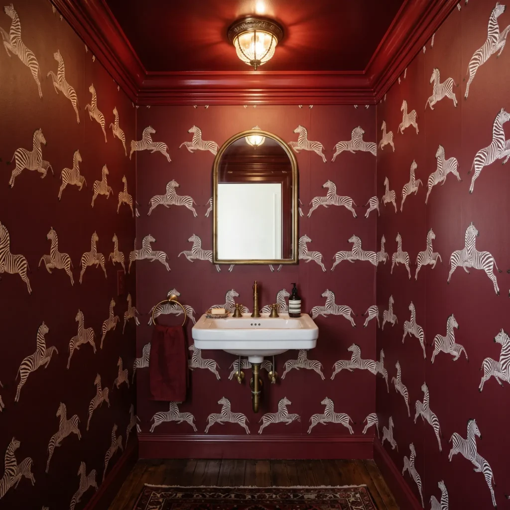 Small jewel box powder room featuring red Scalamandré zebra peel and stick wallpaper with brass accents.