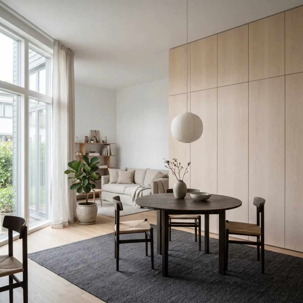 Scandinavian living room with pale birch plywood walls, a smoked oak table, and charcoal rug.