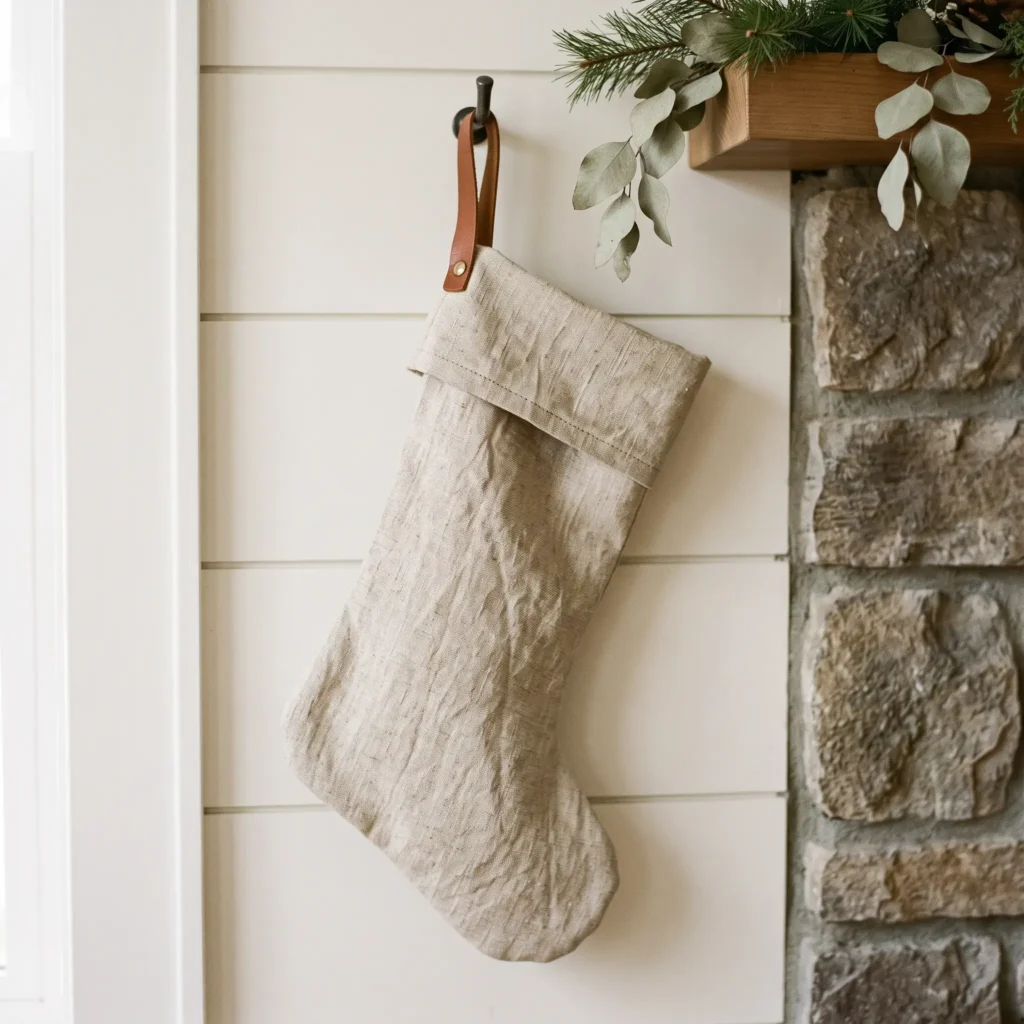 Natural oatmeal linen holiday stocking with a cognac leather strap hanging on a white wall.