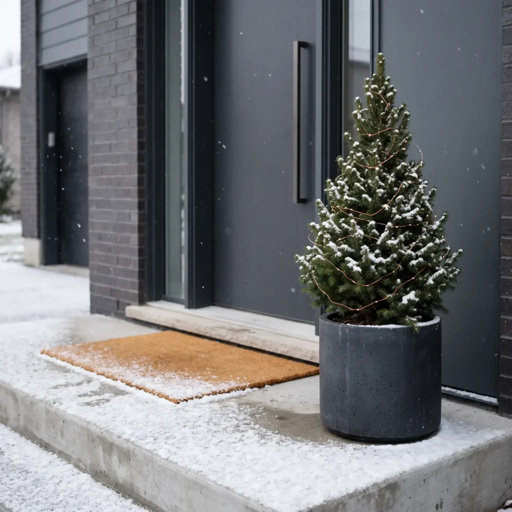 Minimalist winter front stoop featuring a single potted dwarf spruce tree with warm fairy lights in a concrete pot.