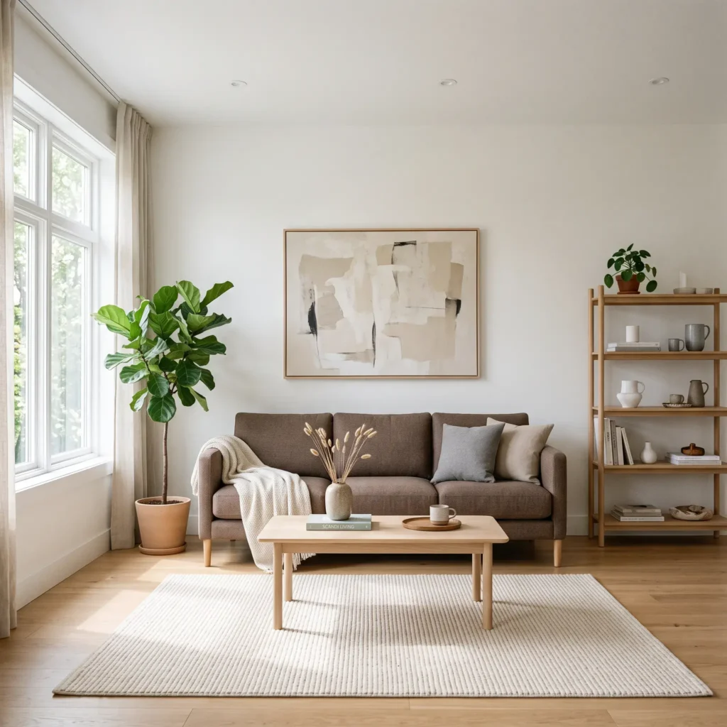Scandinavian living room with a tailored mocha fabric sofa, light ash coffee table, and cream wool rug.