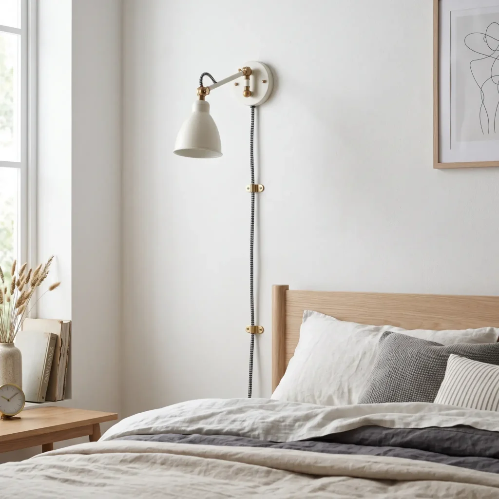Off-white Scandinavian plug-in spotlight with houndstooth cloth cord pinned to a white wall.