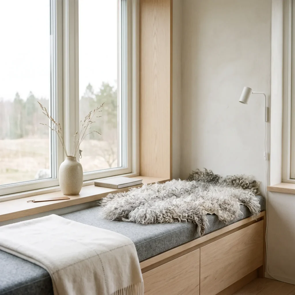 Scandinavian window reading seat in light oak with an unbleached sheepskin pelt and a grey boiled wool pillow.