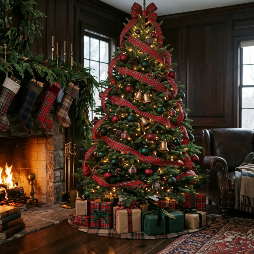 Ralph Lauren style Scottish Highland Christmas tree decorated with Royal Stewart tartan ribbon and antique brass bells.