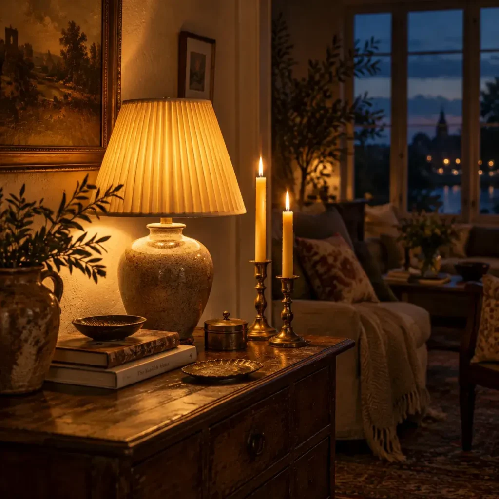 Living room corner lit warmly by an amber glass table lamp and burning beeswax tapers at dusk.
