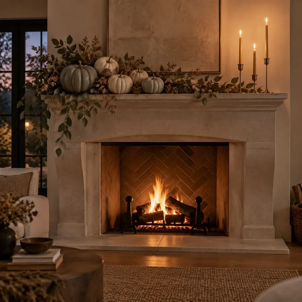 Natural limestone fireplace mantel styled with heirloom pumpkins, dried foliage, and brass taper holders.