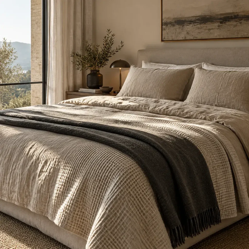 Bedroom bed styled with rumpled neutral linen sheets, a waffle blanket, and an earthy folded duvet.
