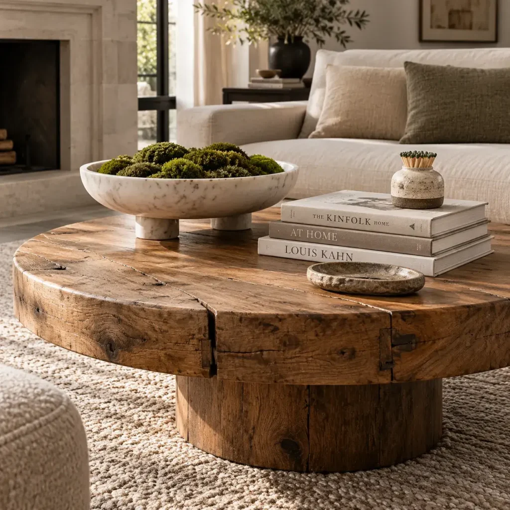 Low wooden coffee table styled with stacked art books, a natural tray, and a stone bowl.