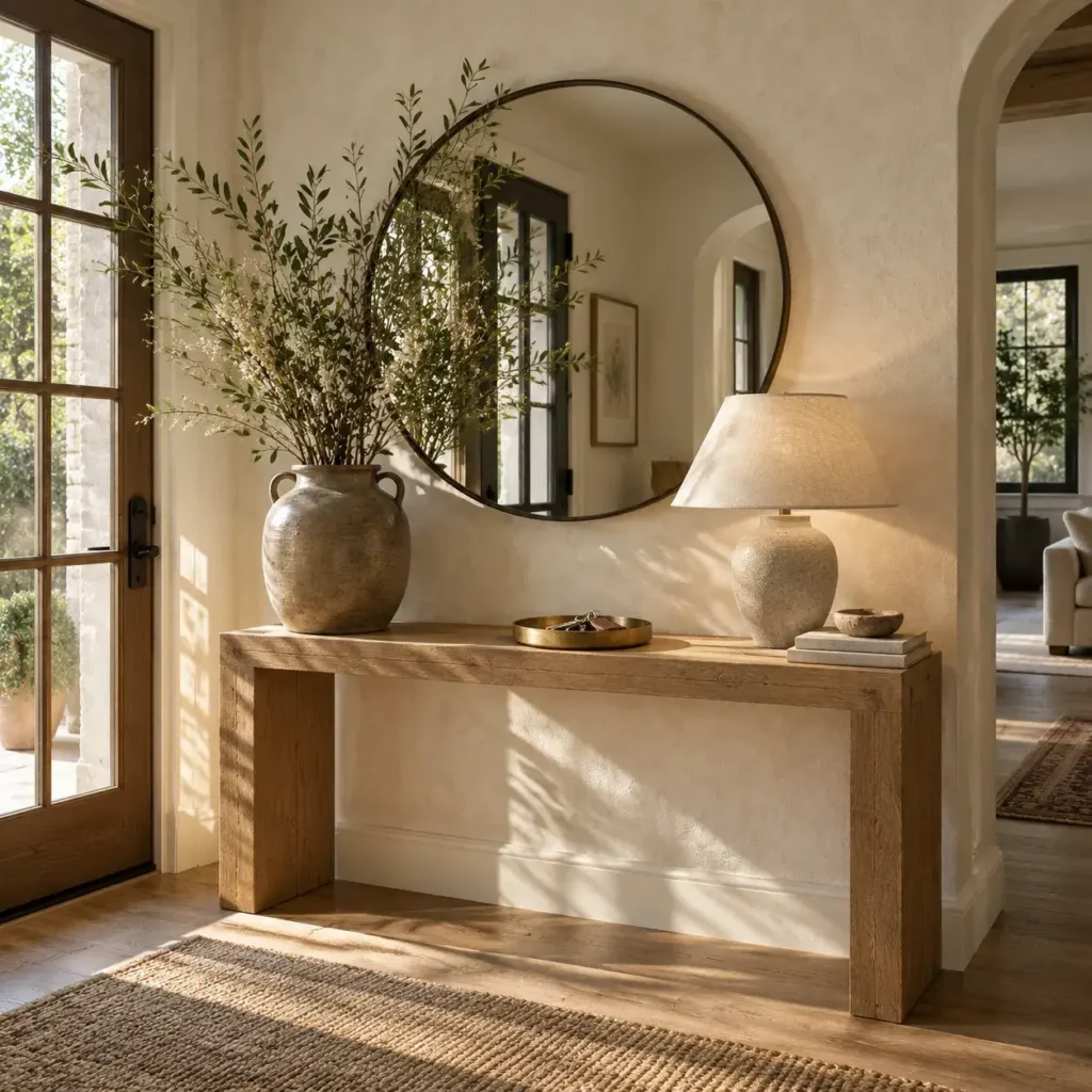 Modern entryway console styled with tall organic branches in a stone vessel and brass accents.