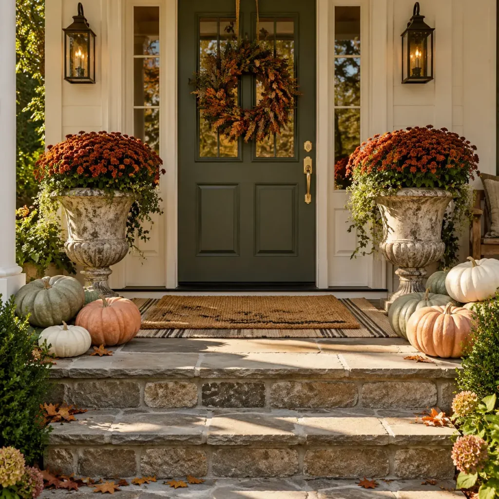 Covered front porch styled with heirloom pumpkins, autumn mums, and a layered coir welcome mat.