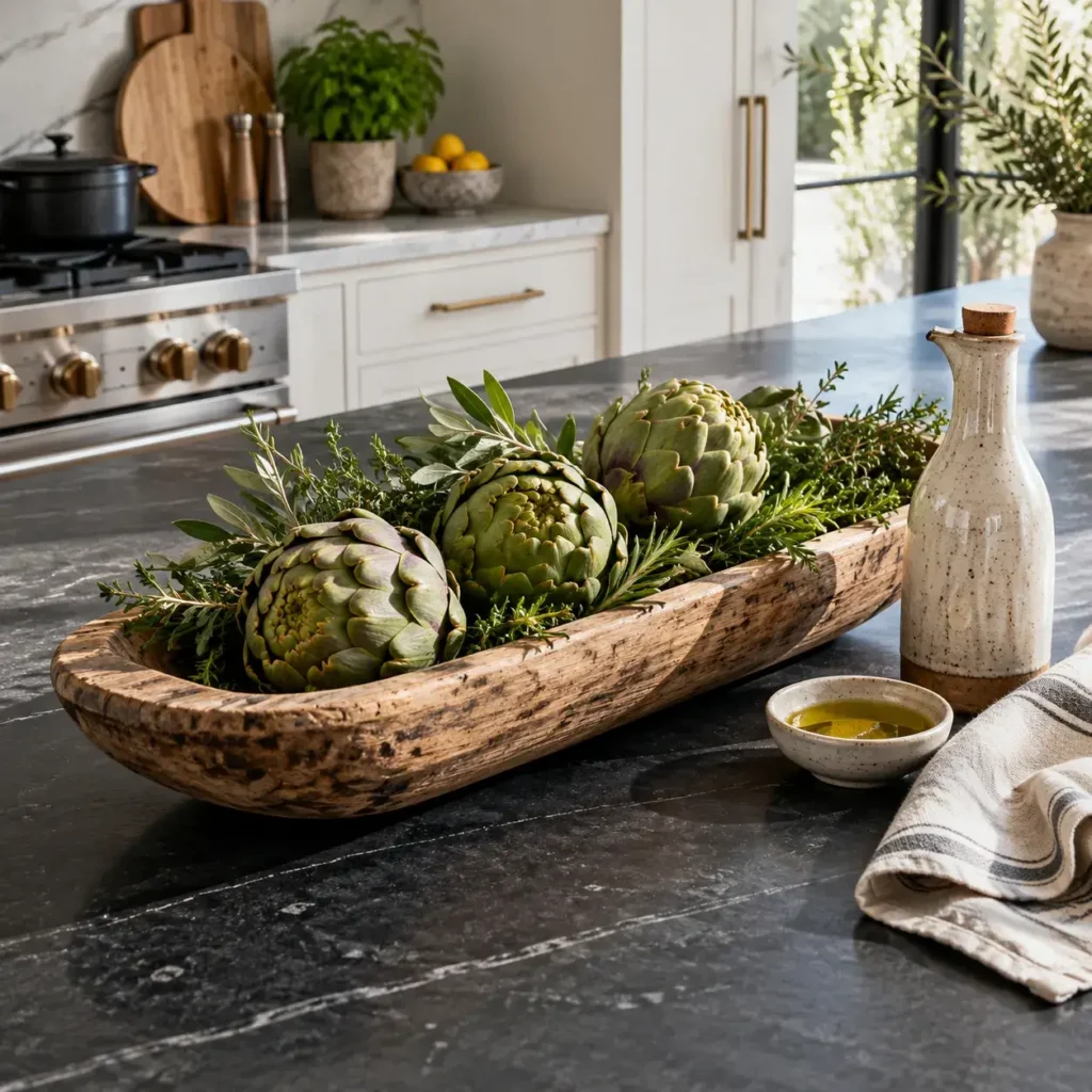 Kitchen island styled with a hand-carved wooden bowl filled with green artichokes and fresh lemons.