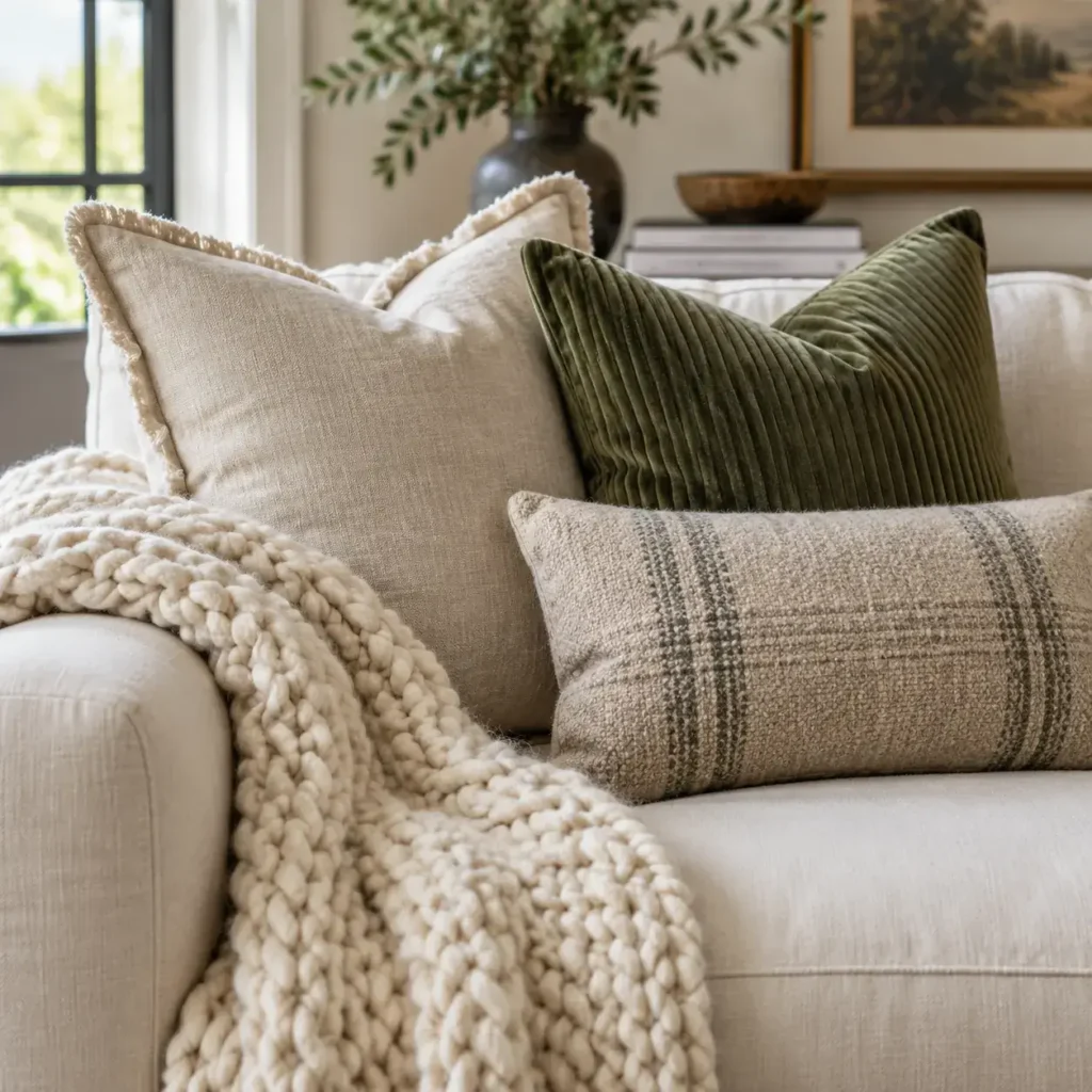 Deep neutral sofa layered with textured seasonal pillow covers and a folded woven throw.