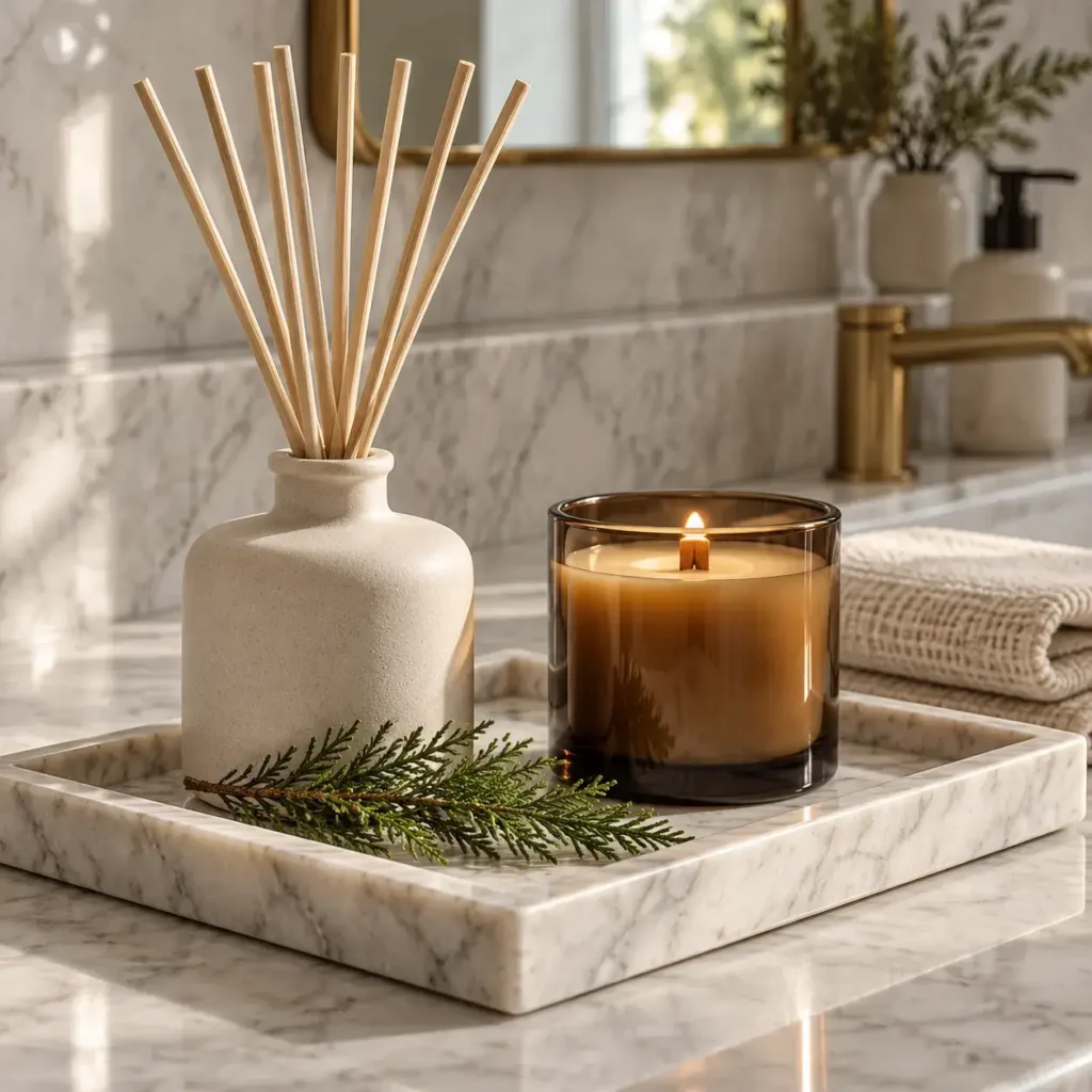 Ceramic reed diffuser and natural soy wax candle sitting on a marble bathroom counter.