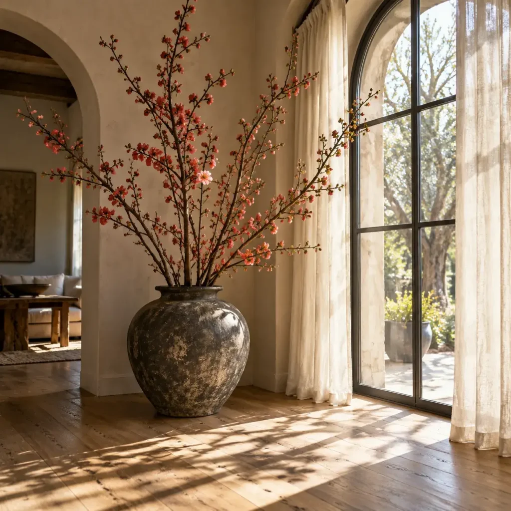 Floor-standing ceramic urn filled with dramatic five-foot flowering branches in a bright living space.