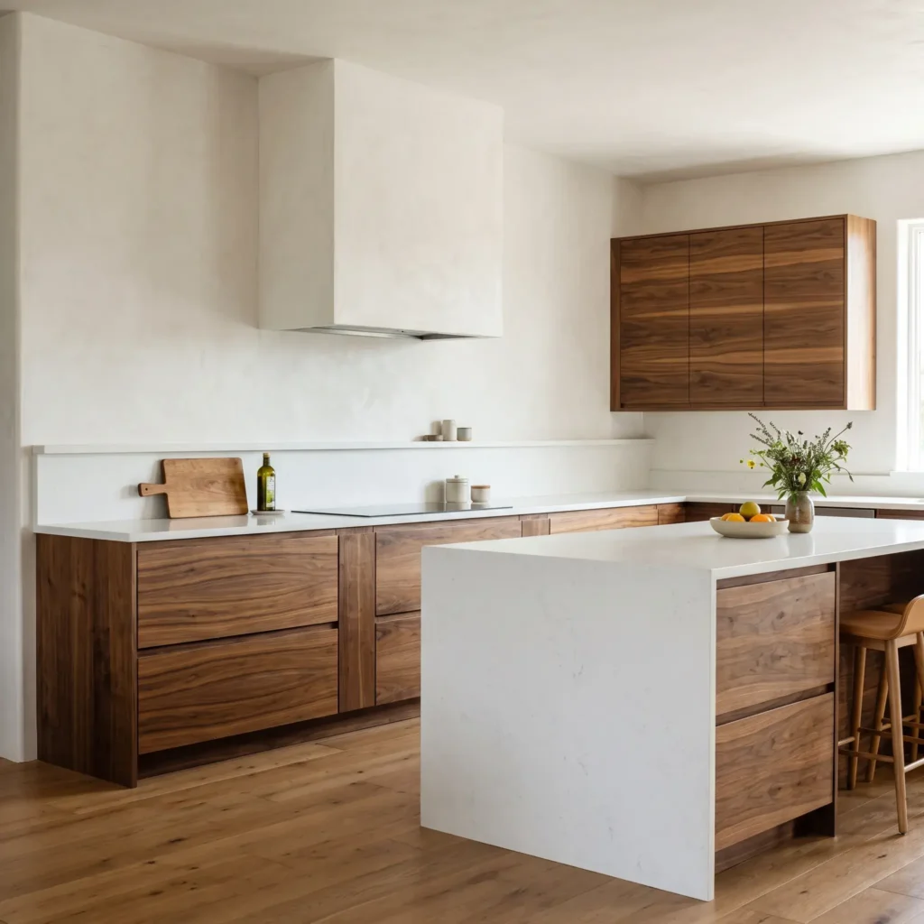 Custom-look kitchen using IKEA SEKTION cabinet boxes paired with aftermarket Semihandmade natural walnut wood fronts.