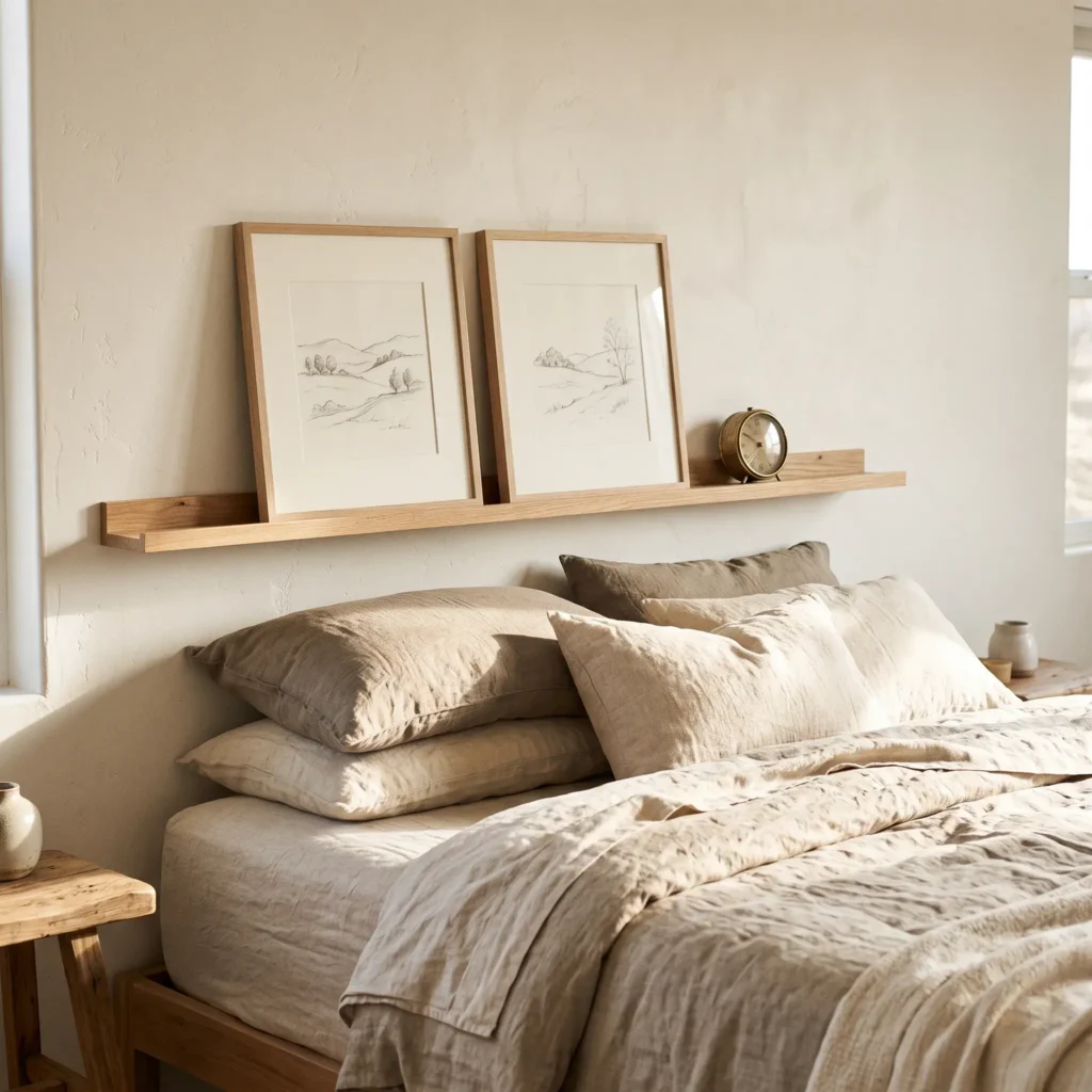Slim four-inch white oak picture ledge installed behind bed pillows holding framed art in a small bedroom.