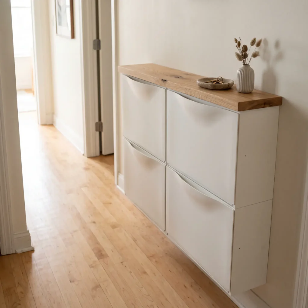 Two wall-mounted shallow tilt-out shoe storage cabinets topped with a solid oak slab in a narrow hallway.