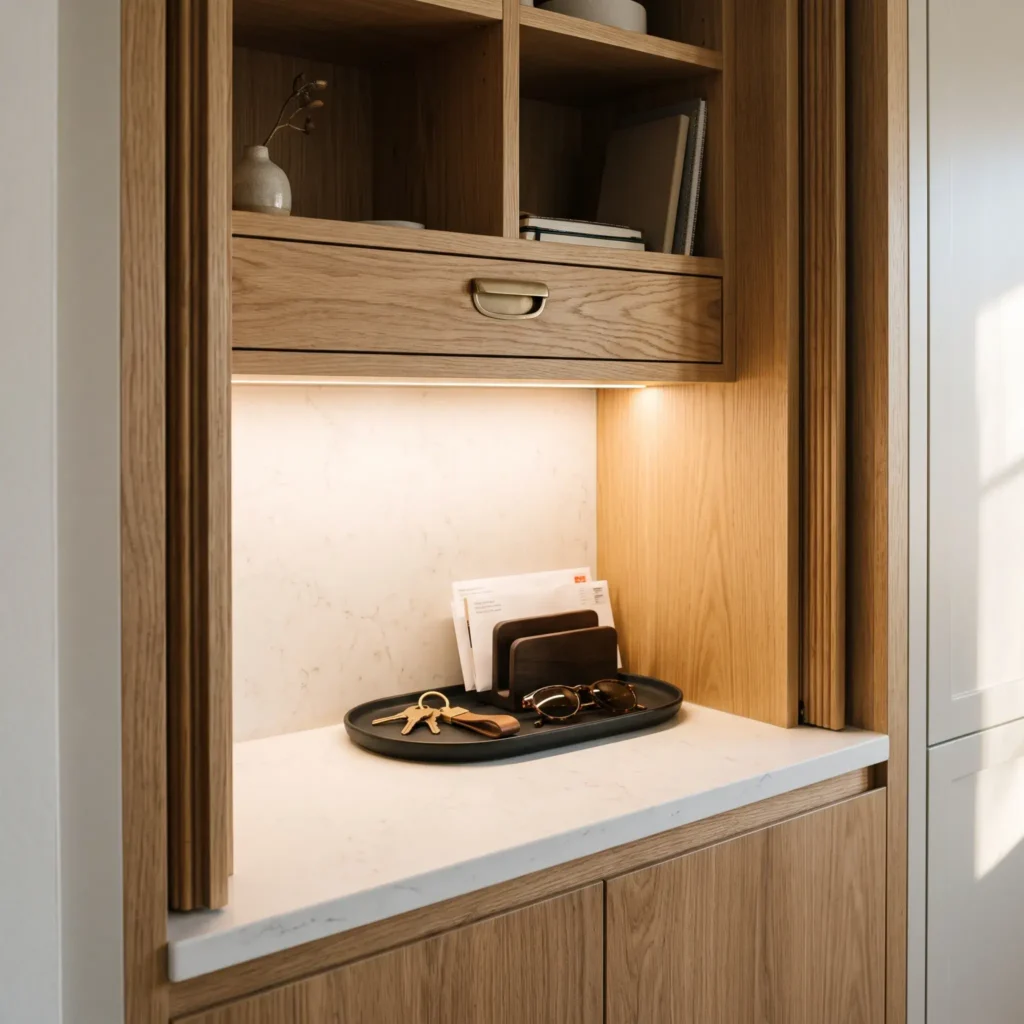 Built-in shallow white oak kitchen drop zone cabinet with pocket doors open showing mail sorter and key tray.