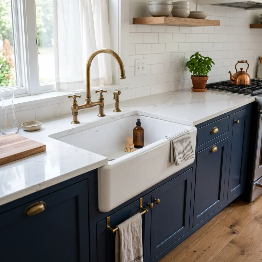 Retrofit short-apron cast-iron farmhouse sink mounted in standard base cabinets without replacing doors.