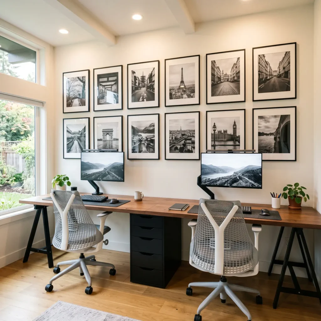 Shared two-person home office desk layout featuring a long walnut worktop with a center divider drawer unit.