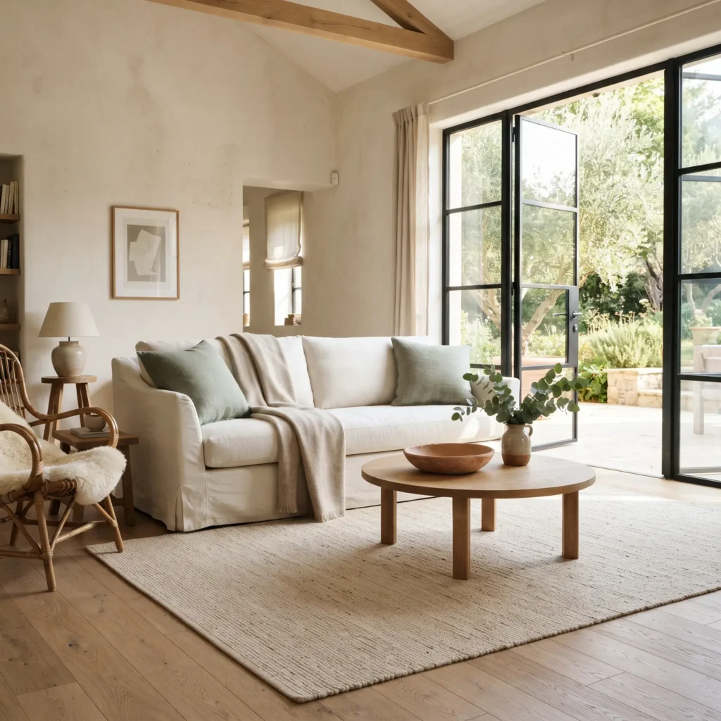Living room styled with an ivory linen slipcovered couch, sage green pillows, and a bleached jute rug.