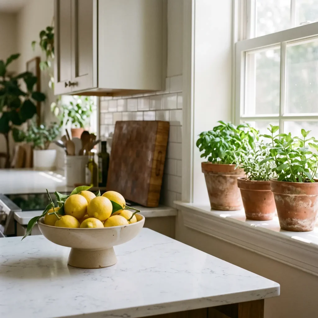 White quartz kitchen island with a stone pedestal bowl full of fresh lemons and potted herbs along the windowsill.