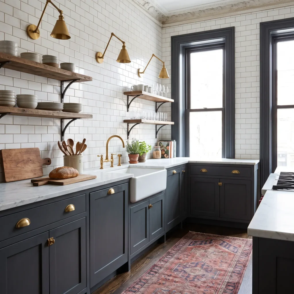 Kitchen with slate charcoal lower shaker cabinets, white subway tile to the ceiling, and a vintage wool runner rug.