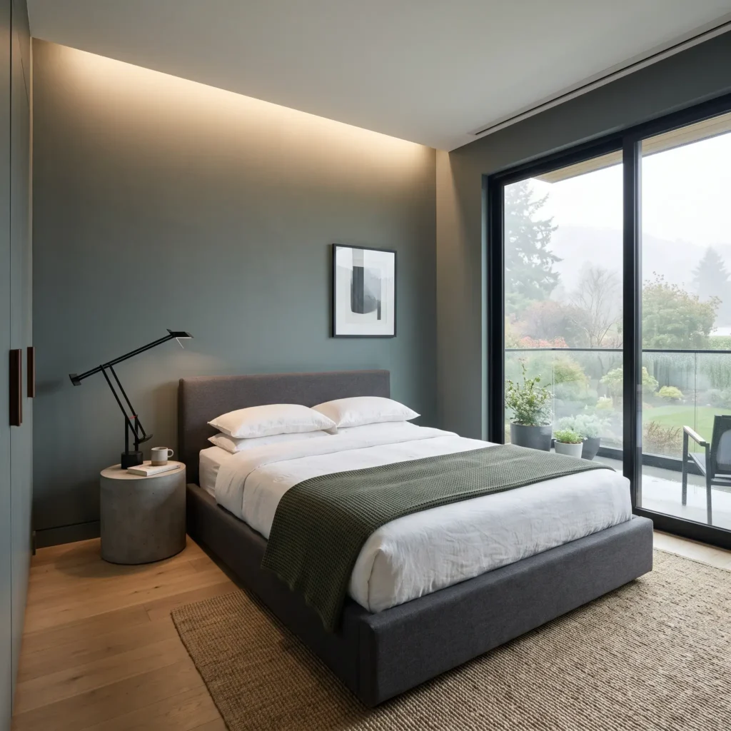 Contemporary moody slate green bedroom with low platform bed, black hardware, and concrete side tables.