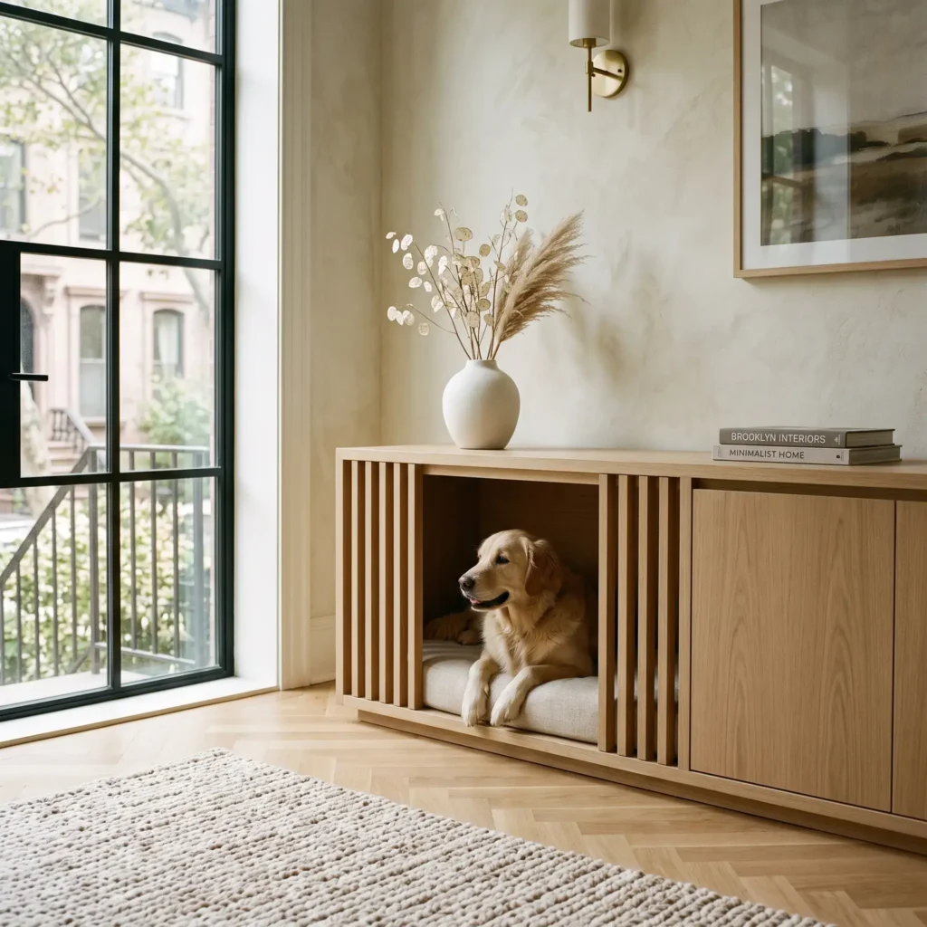 Custom white oak slatted credenza functioning as an indoor dog crate in a modern living room.