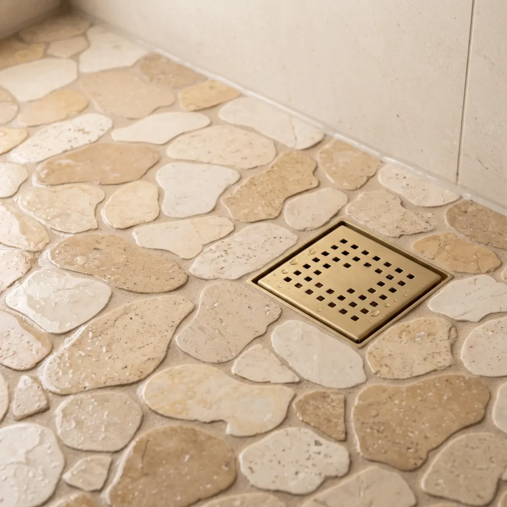 Flat sliced river pebble mosaic floor in a walk-in shower paired with creamy limestone walls