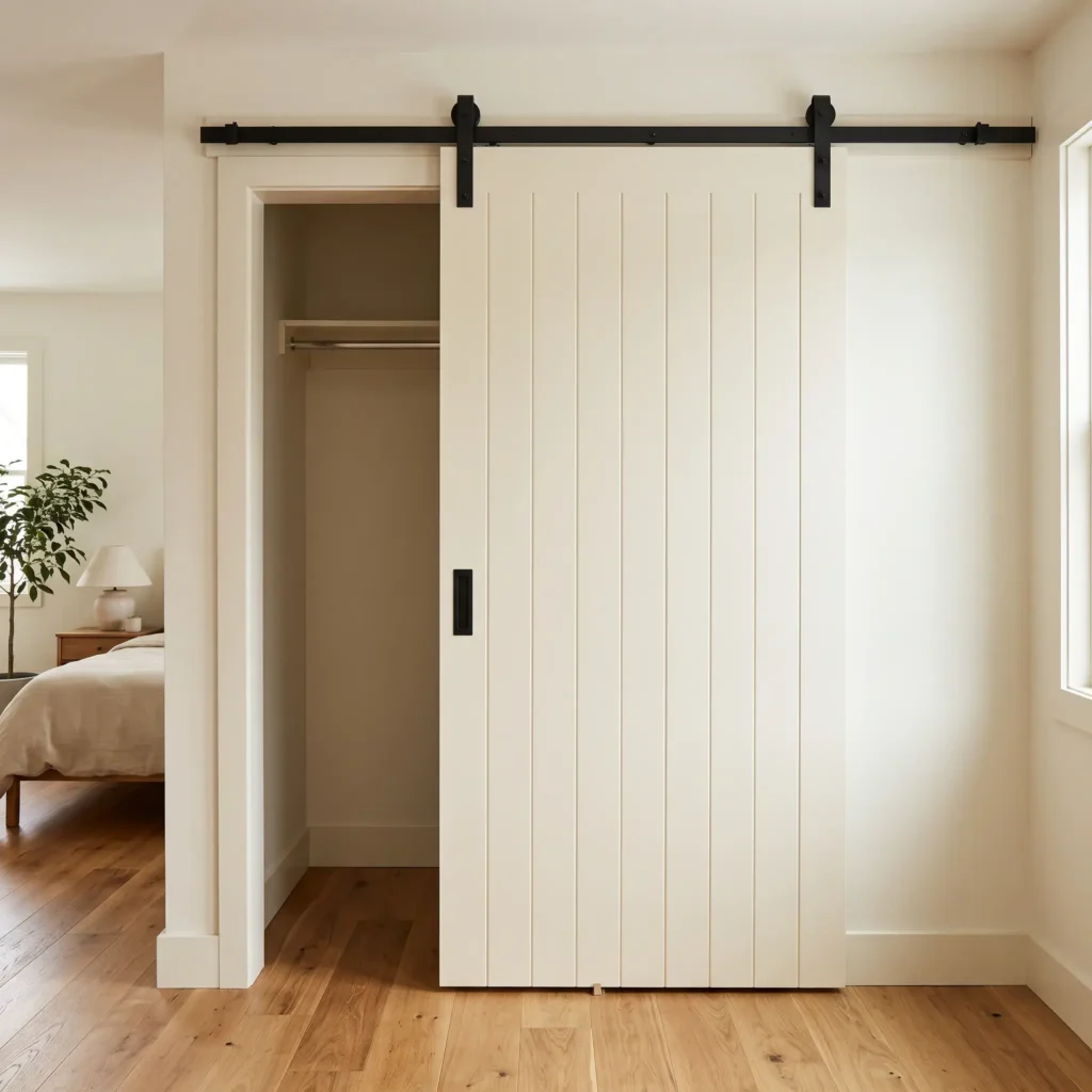  Painted off-white modern farmhouse sliding barn door on a black rail saving swing clearance in a bedroom.