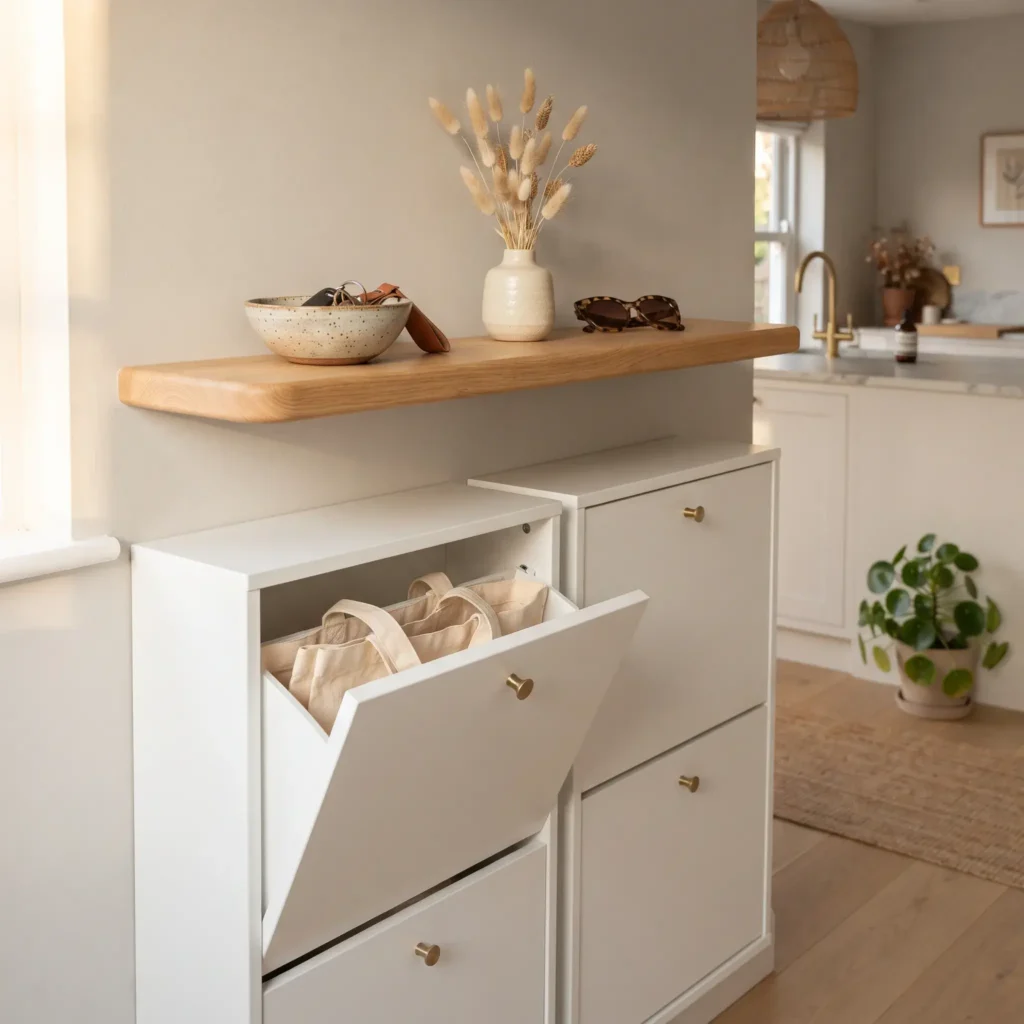 Two white tilt-out wall shoe bins topped with a custom oak ledge used as a kitchen drop zone.
